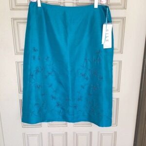 Studio I Skirt Embroidered Silk Peacock Blue Sz10 Lined Zip Back NWT